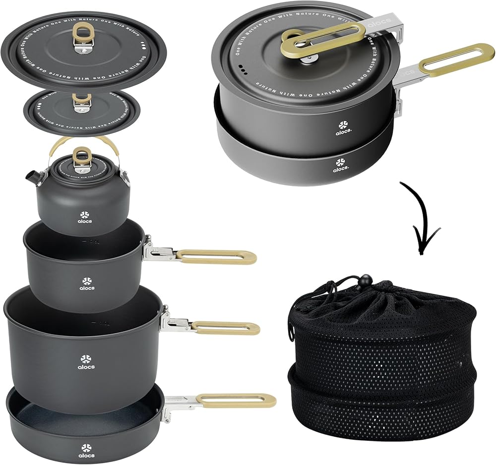 Alocs camping cookware set with kettle